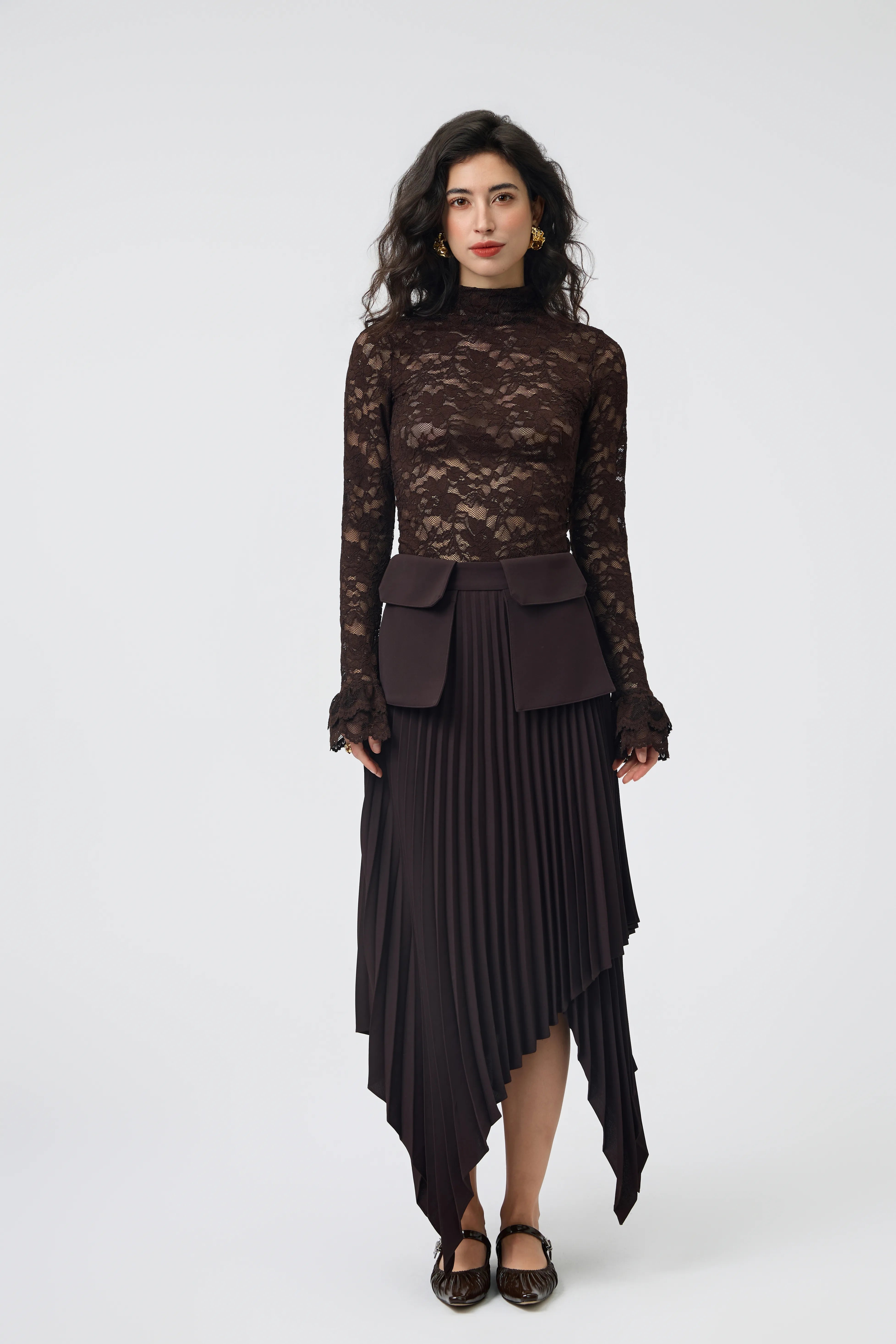 Espresso Pleated Asymmetrical Skirt