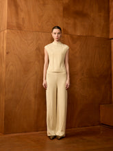 Cream Wool Beaded Detail Mock Neck Sleeveless Top & Wide-Leg Trousers Set