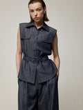 Sleeveless Blouse with Belt and High-Waisted Jeans Set