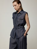 Sleeveless Blouse with Belt and High-Waisted Jeans Set