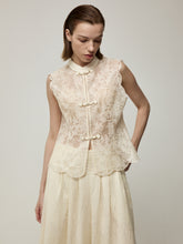 Silk Embroidery Mandarine Collar Vest and Wide-Leg Trousers Set