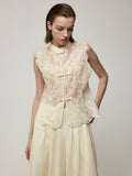 Silk Embroidery Mandarine Collar Vest and Wide-Leg Trousers Set
