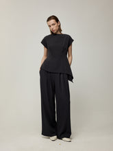 Asymmetric Cowl Neck Blouse and Double-Pleat Wide-Leg Trousers