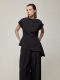 Asymmetric Cowl Neck Blouse and Double-Pleat Wide-Leg Trousers