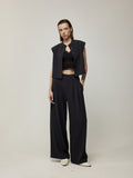 Stand Collar Sleeveless Cropped Vest and Double pleat Wide-Leg Trousers