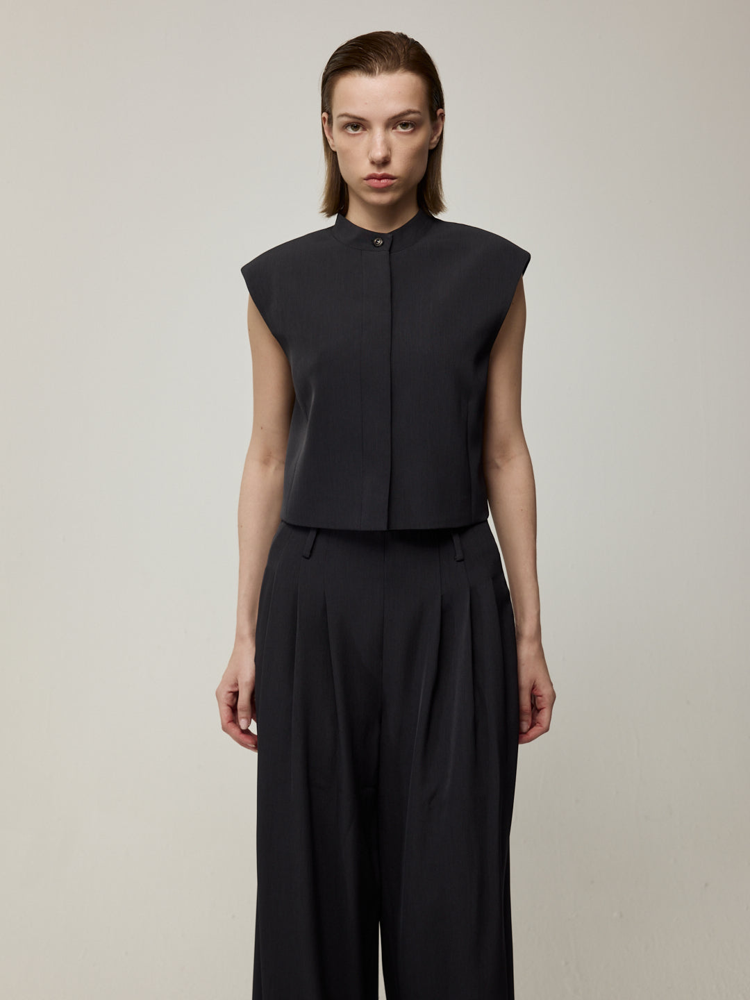 Stand Collar Sleeveless Cropped Vest and Double pleat Wide-Leg Trousers