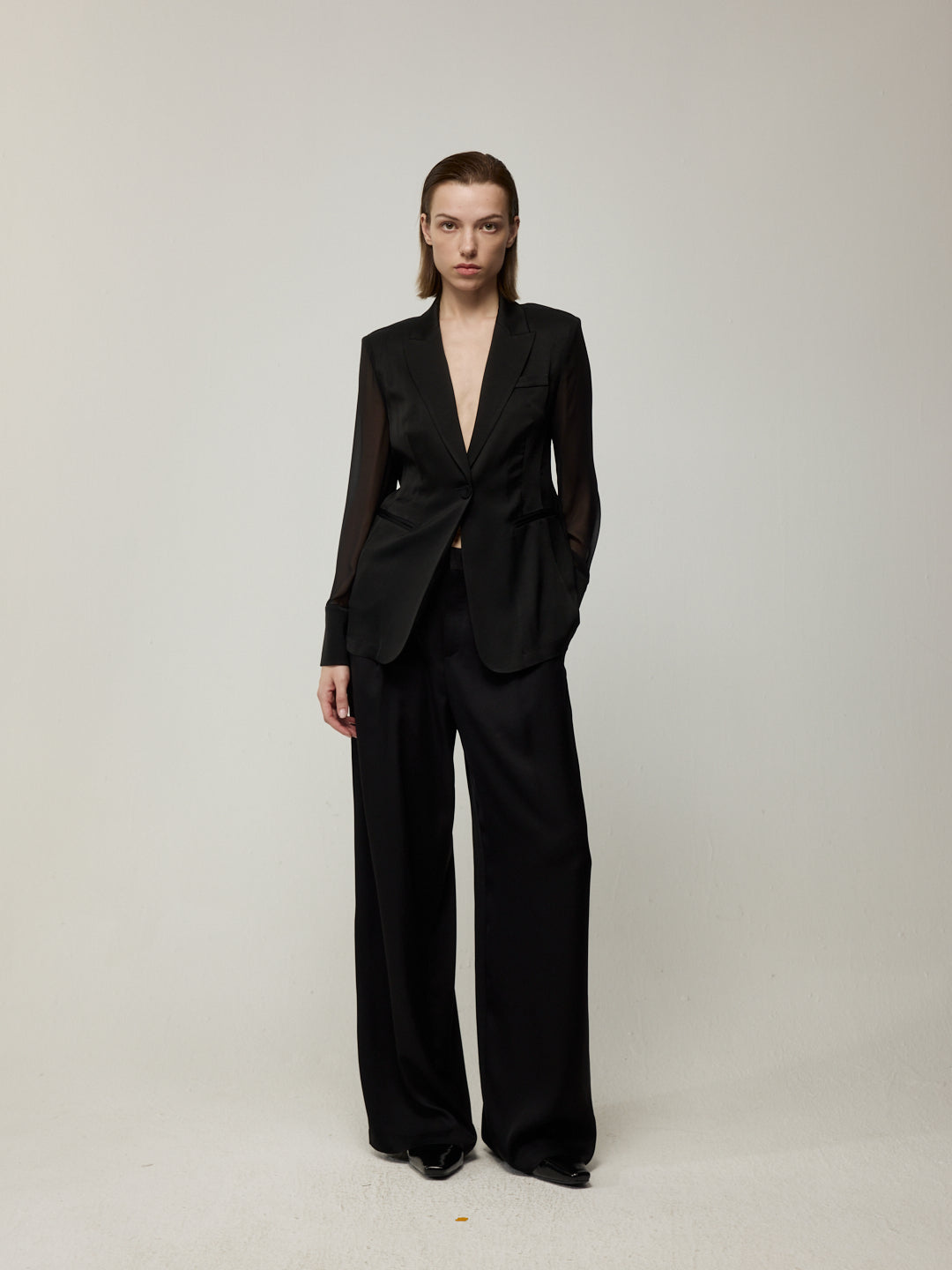 Lightweight Sheer Blazer and Drapery High-Waist Wide-Leg Trousers Set