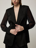 Lightweight Sheer Blazer and Drapery High-Waist Wide-Leg Trousers Set