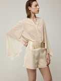 Blouse and Satin Pleated High-Waist Shorts Set