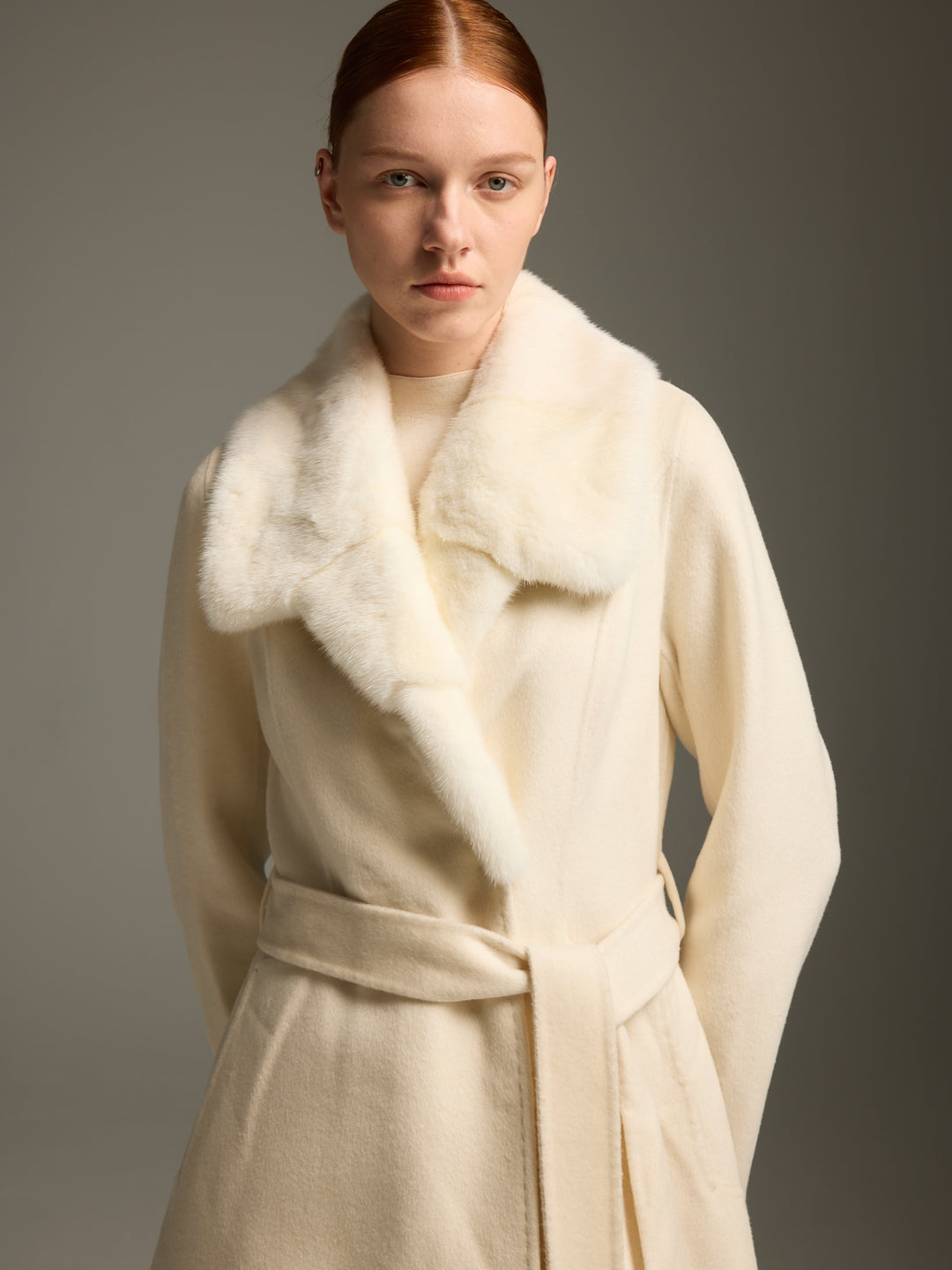 Ivory Wool-Cashmere Long Coat with Mink Fur Shawl Collar