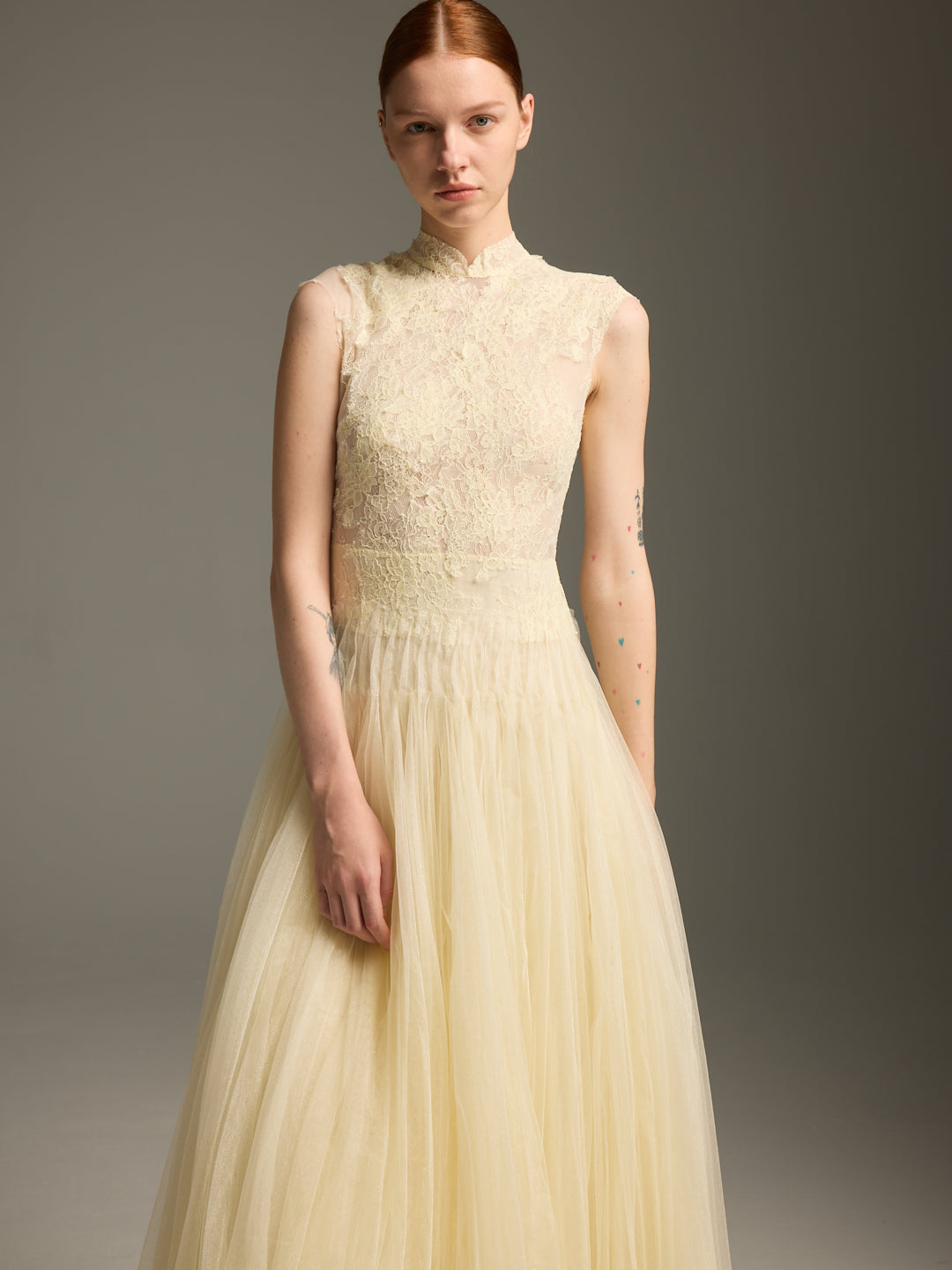 Cream Lace & Tulle Midi Evening Dress