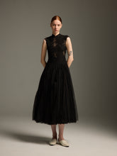Black Lace & Tulle Midi Evening Dress