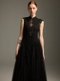 Black Lace & Tulle Midi Evening Dress