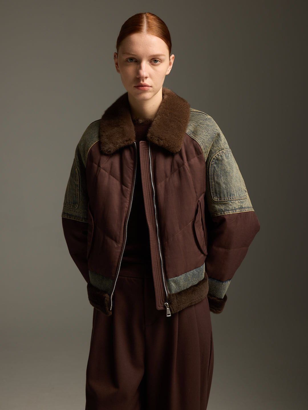 Down Jacket with Mink Collar & Denim Patchwork