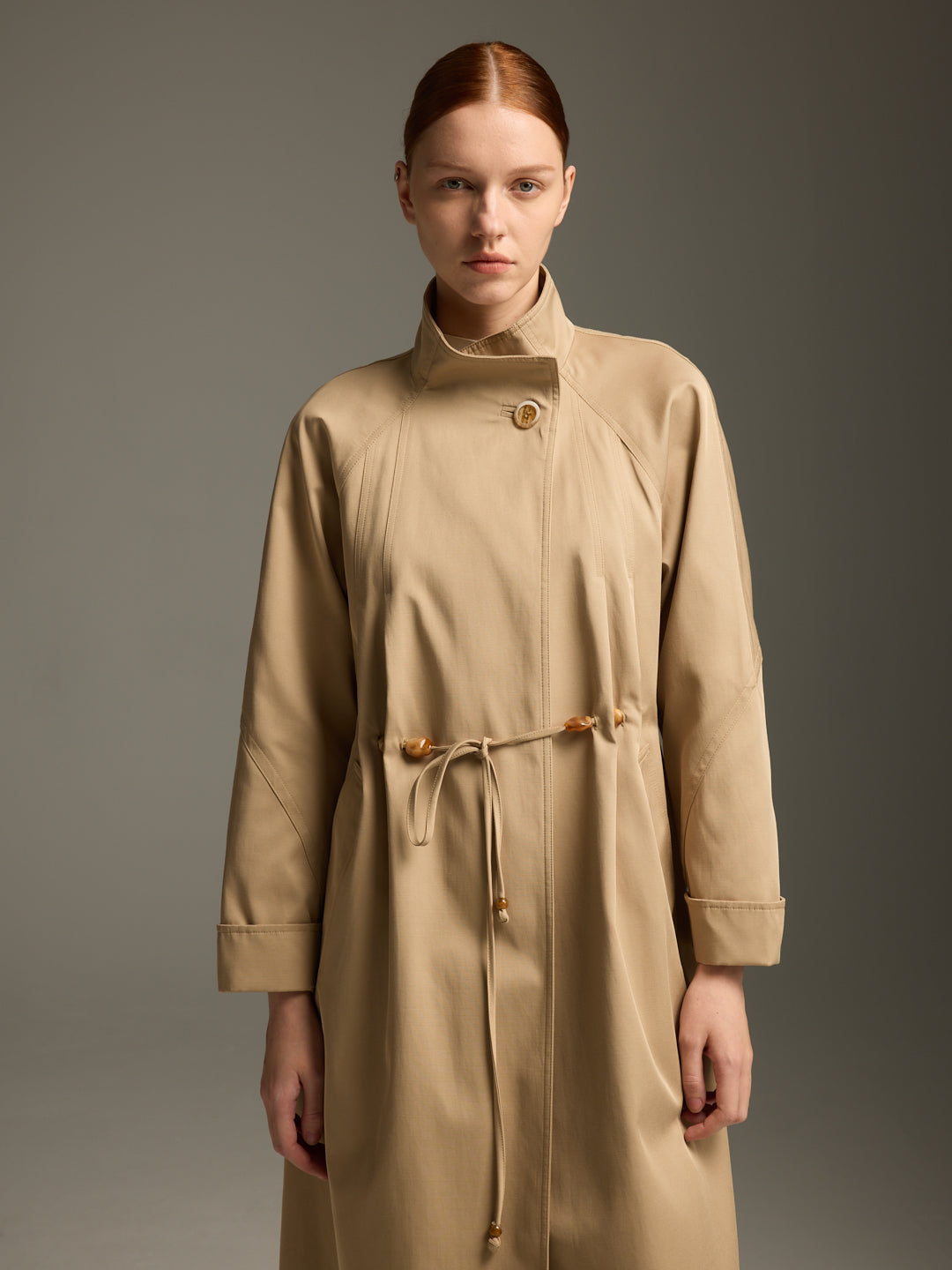Beige Wool-Blend Trench Coat with Drawstring Waist