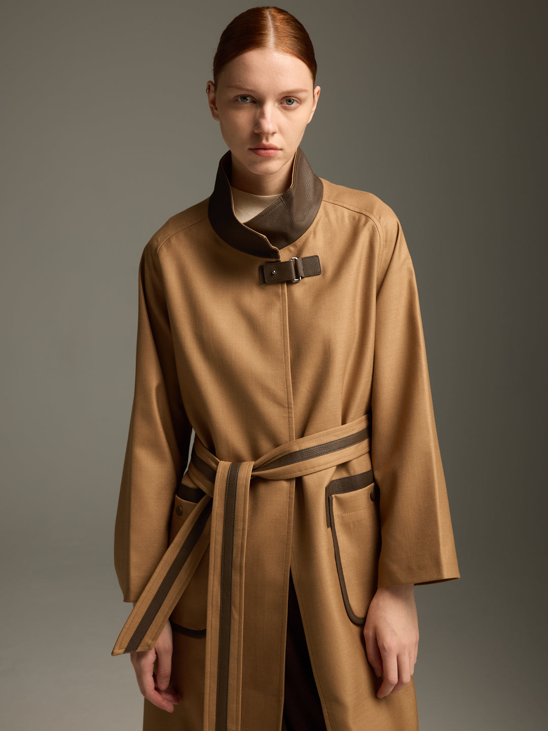 lambskin waterproof Long trench with stand collar