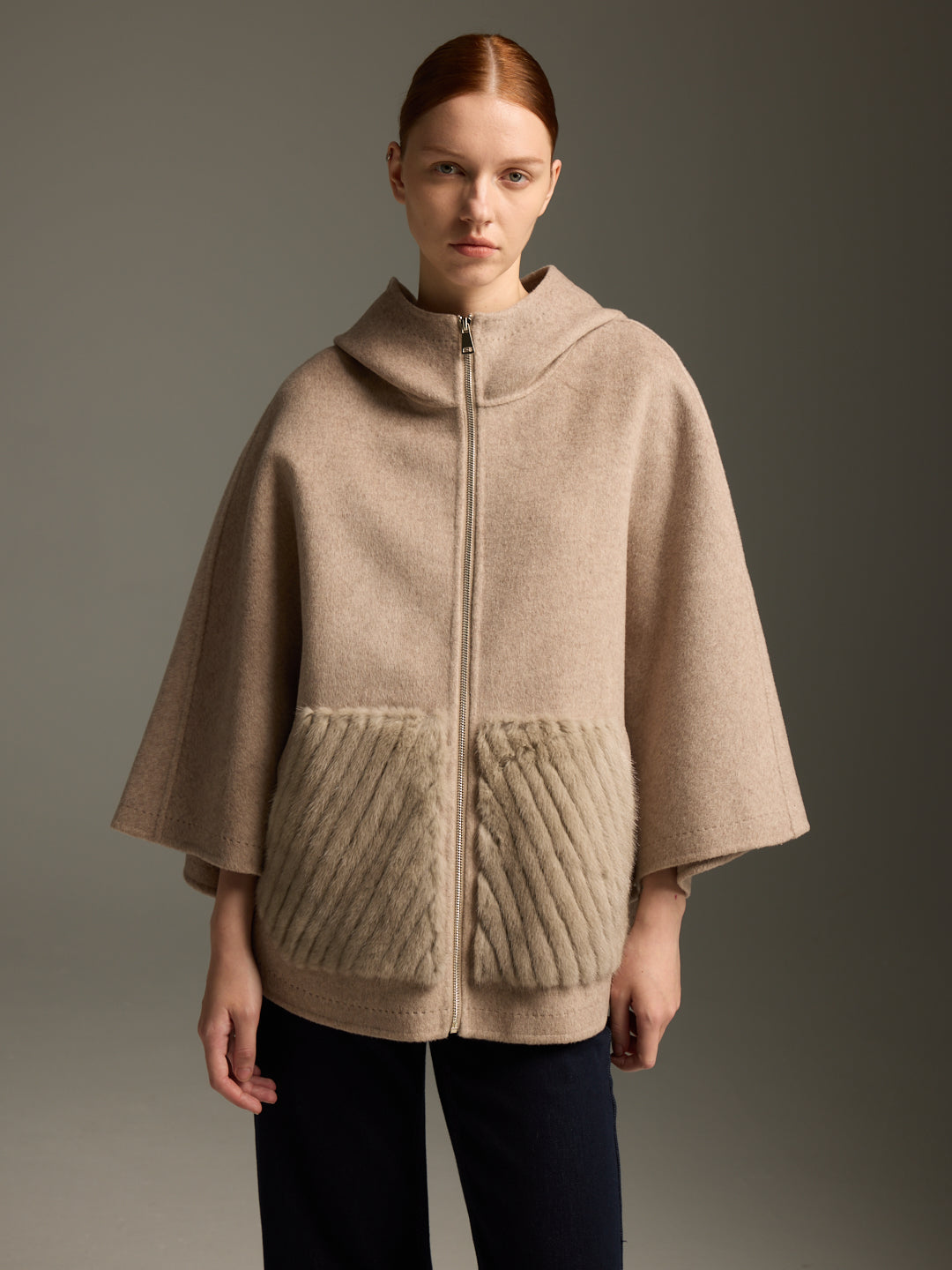 Beige Cashmere-Wool Cape with Fur-Trim Pockets