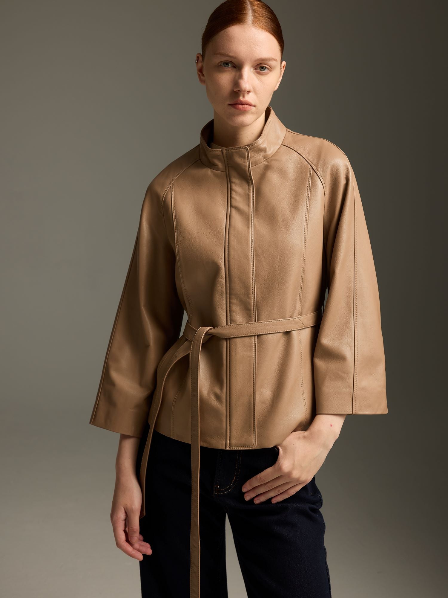 Sand Beige Lambskin Belted Jacket