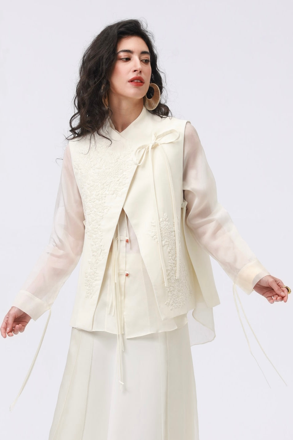 Beige Silk-Wool Embroidered Vest with Bow Tie