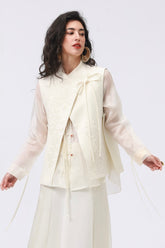 Beige Silk-Wool Embroidered Vest with Bow Tie