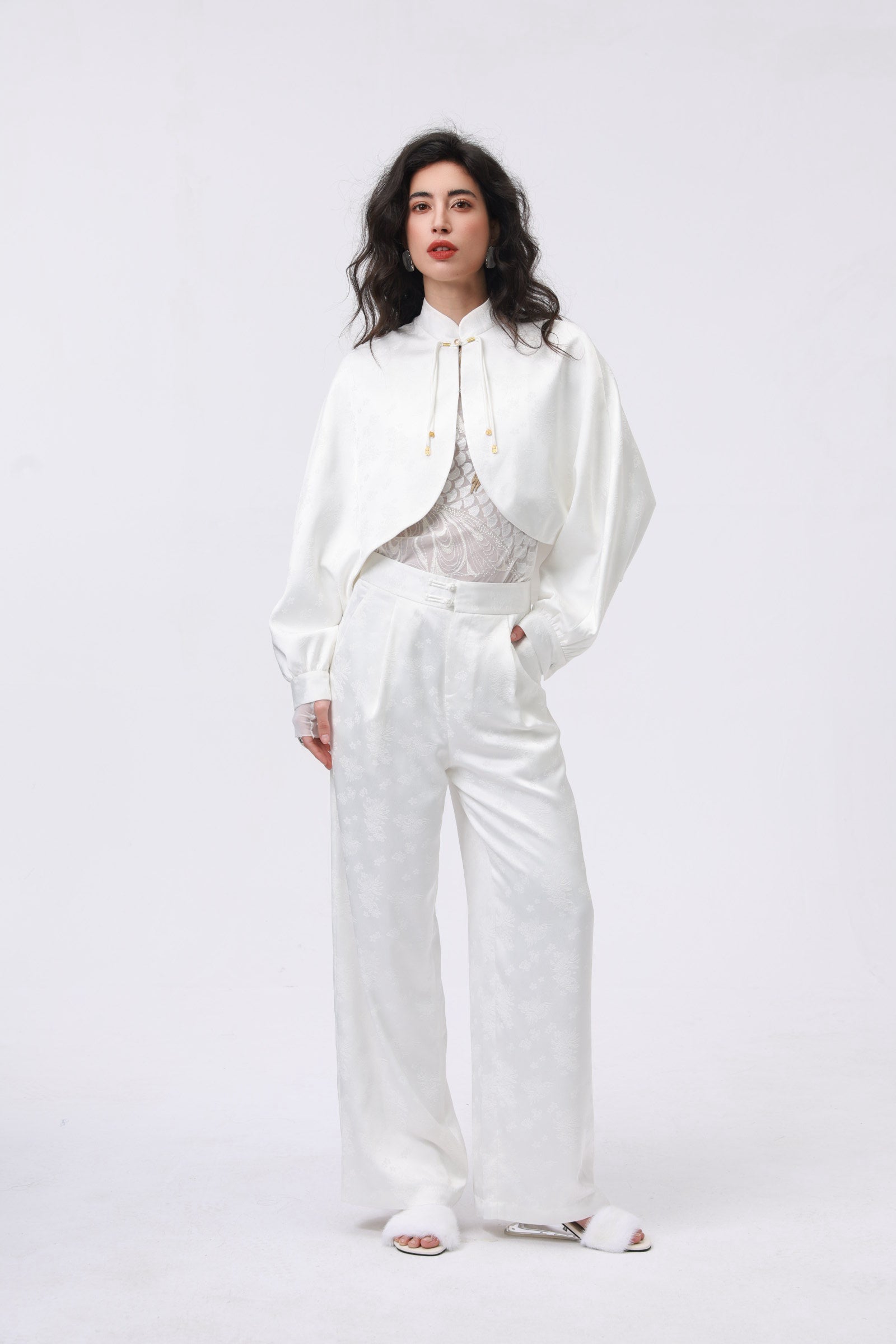 White Silk Blend Set with Oriental Button