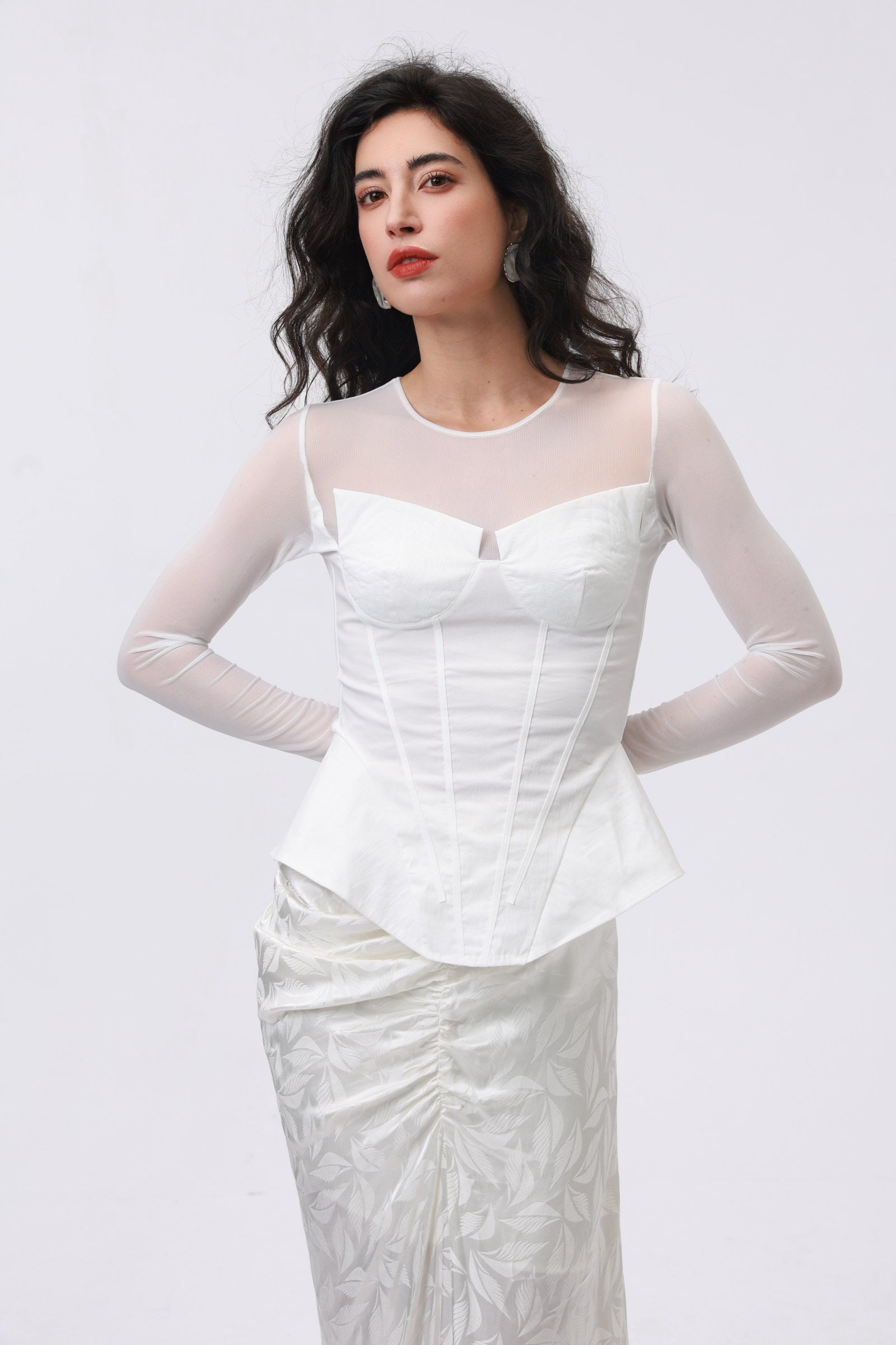 White Sheer Mesh Panel Corset Top