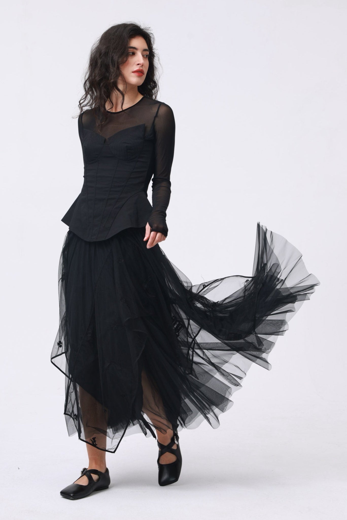 Black Sheer Mesh Panel Corset Top