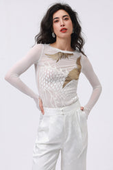 “Celestial Crane” Embroidered Sheer Mesh Bodysuit