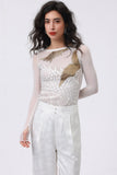 “Celestial Crane” Embroidered Sheer Mesh Bodysuit