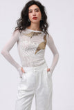 “Celestial Crane” Embroidered Sheer Mesh Bodysuit