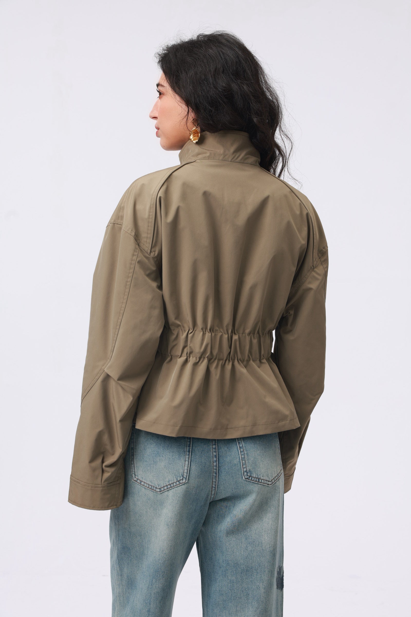 Olive Green Waterproof Cinched Waist Utility Jacket
