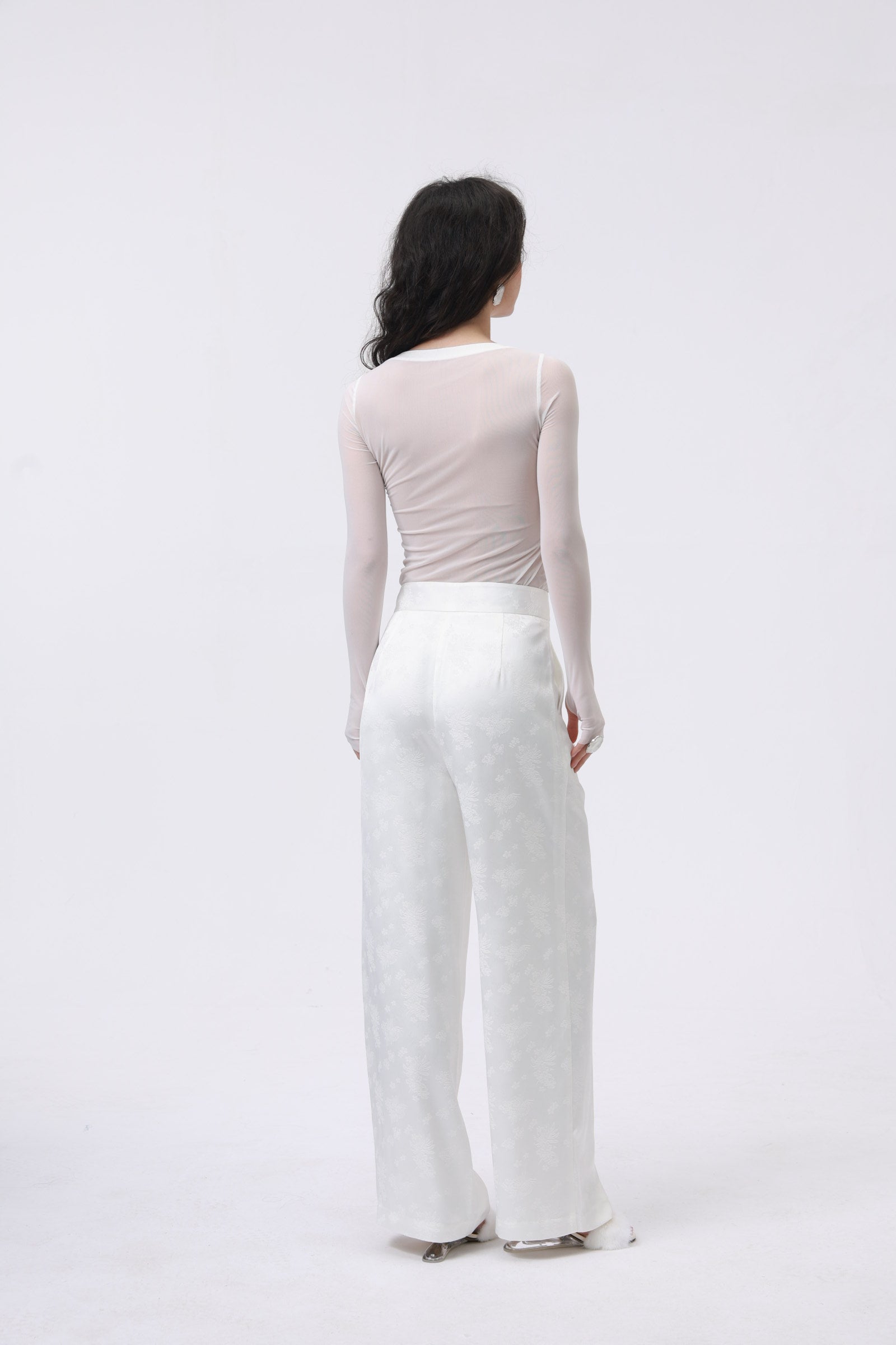 “Celestial Crane” Embroidered Sheer Mesh Bodysuit