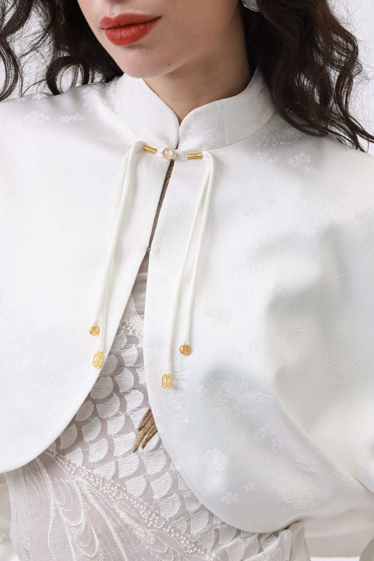White Silk Blend Set with Oriental Button