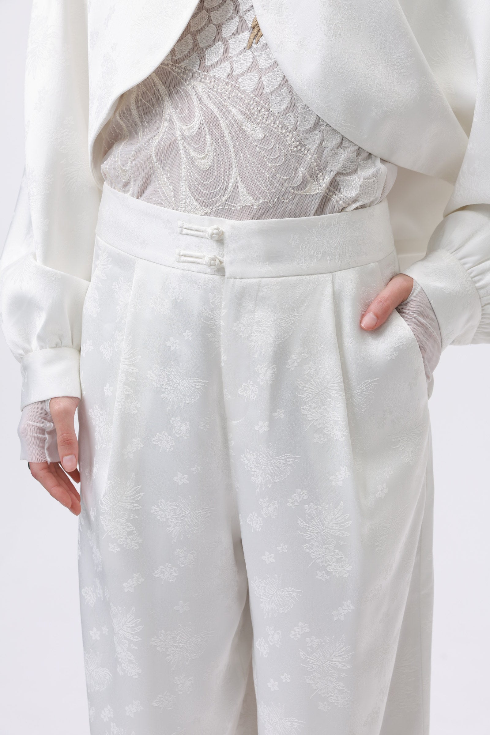 White Silk Blend Set with Oriental Button