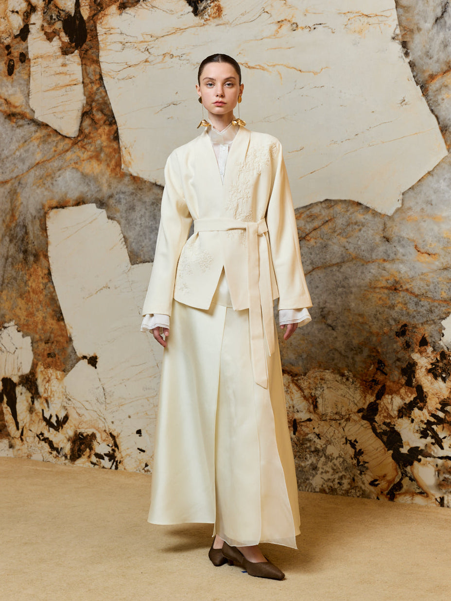 Ivory Floral-Embroidered Silk-Lined Blazer