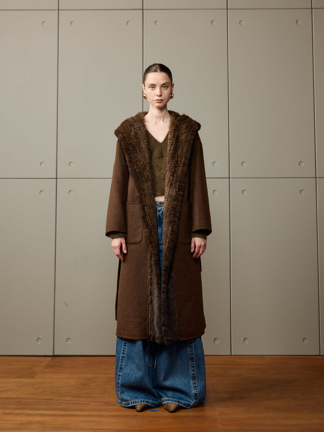 Mink Hood and Trim Brown Cashmere Coat