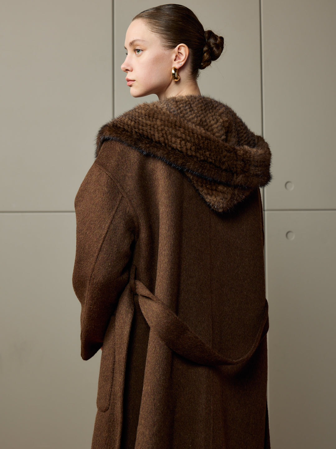 Mink Hood and Trim Brown Cashmere Coat
