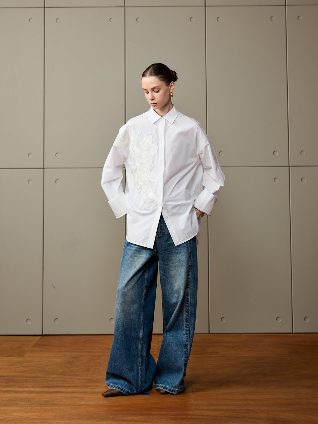 White Cotton Shirt with Floral Applique Detail