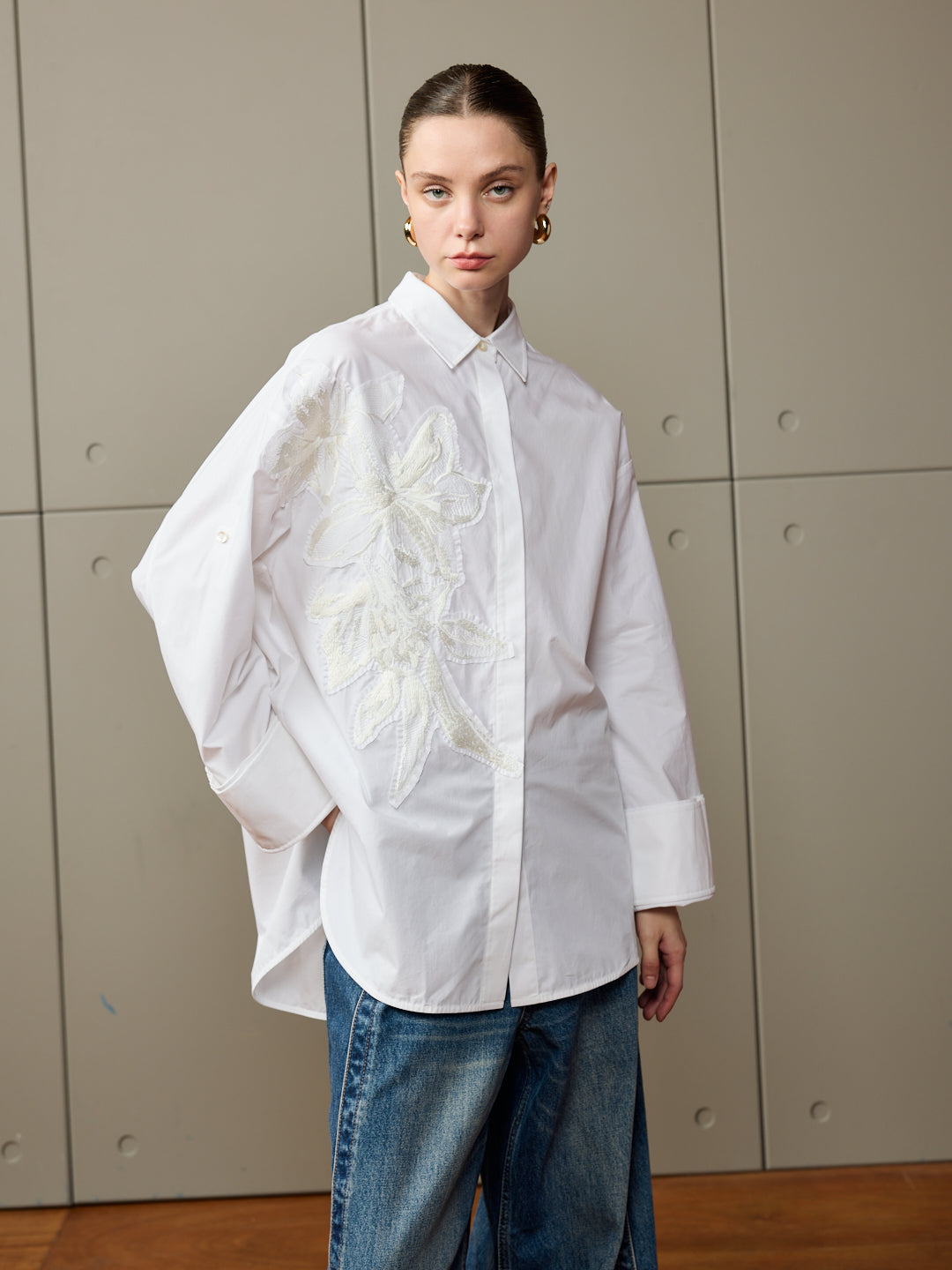 White Cotton Shirt with Floral Applique Detail