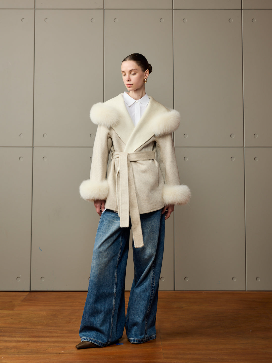 Cream Fox Fur Trim Short Coat