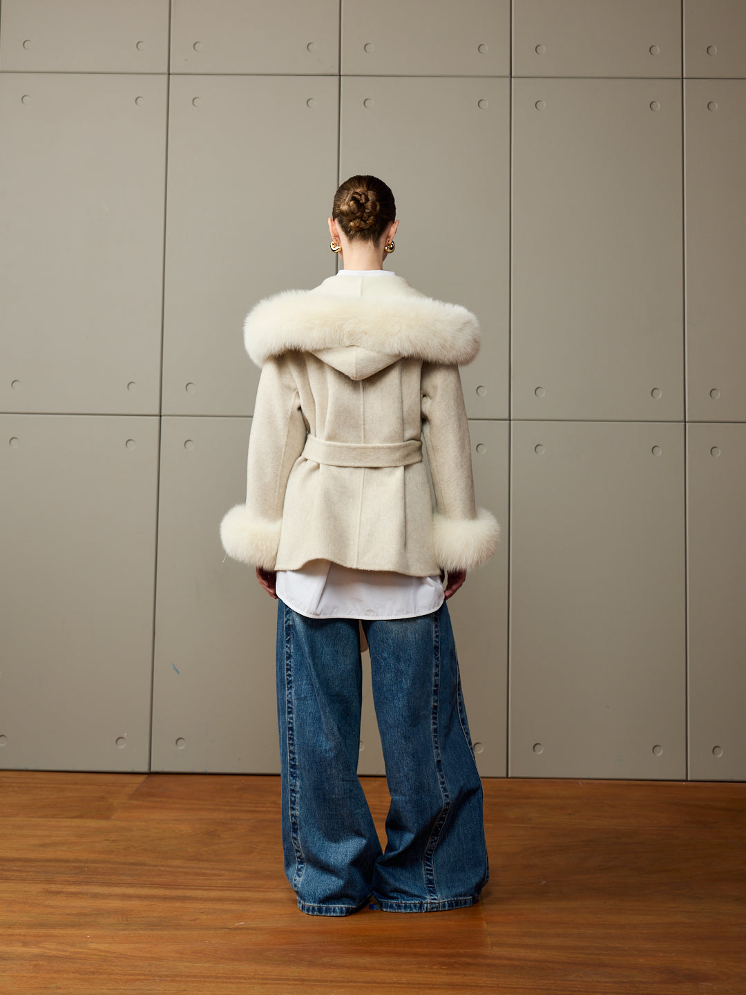 Cream Fox Fur Trim Short Coat