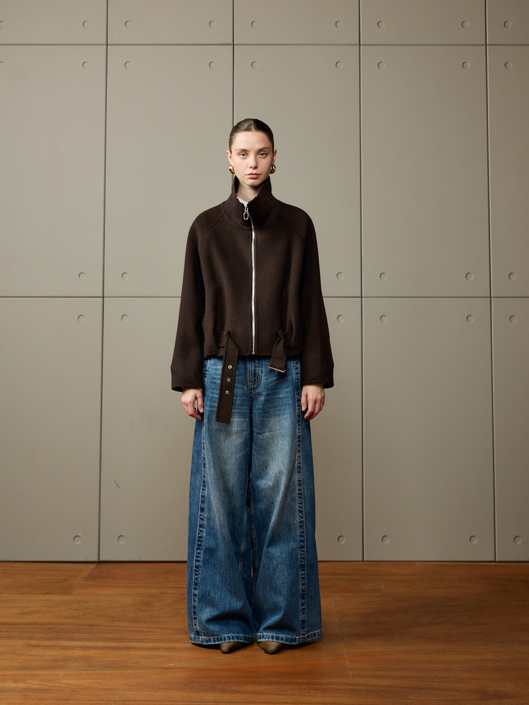 Zip-Up Jacket with Ribbed Collar and Asymmetric Belt