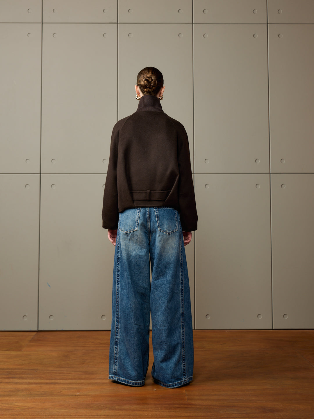 Zip-Up Jacket with Ribbed Collar and Asymmetric Belt