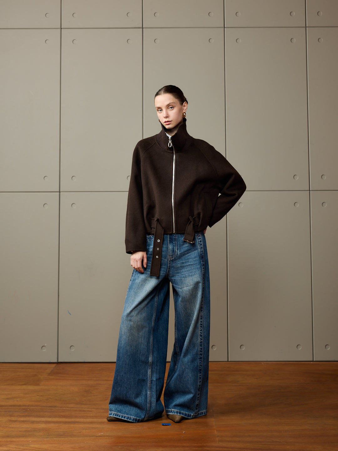 Zip-Up Jacket with Ribbed Collar and Asymmetric Belt