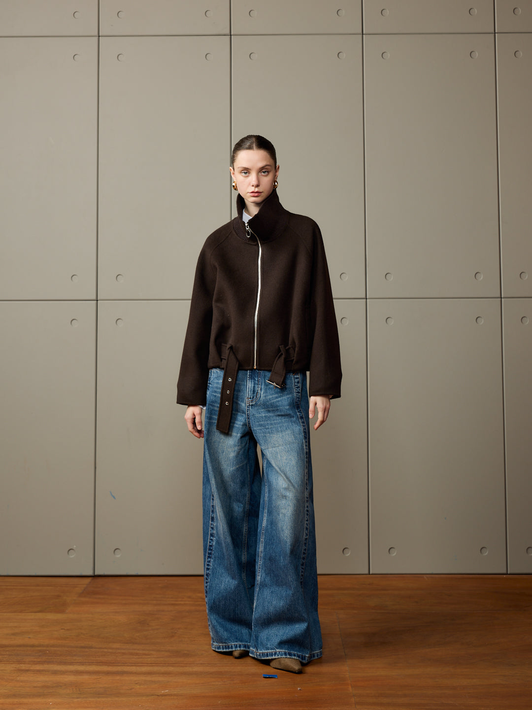 Zip-Up Jacket with Ribbed Collar and Asymmetric Belt