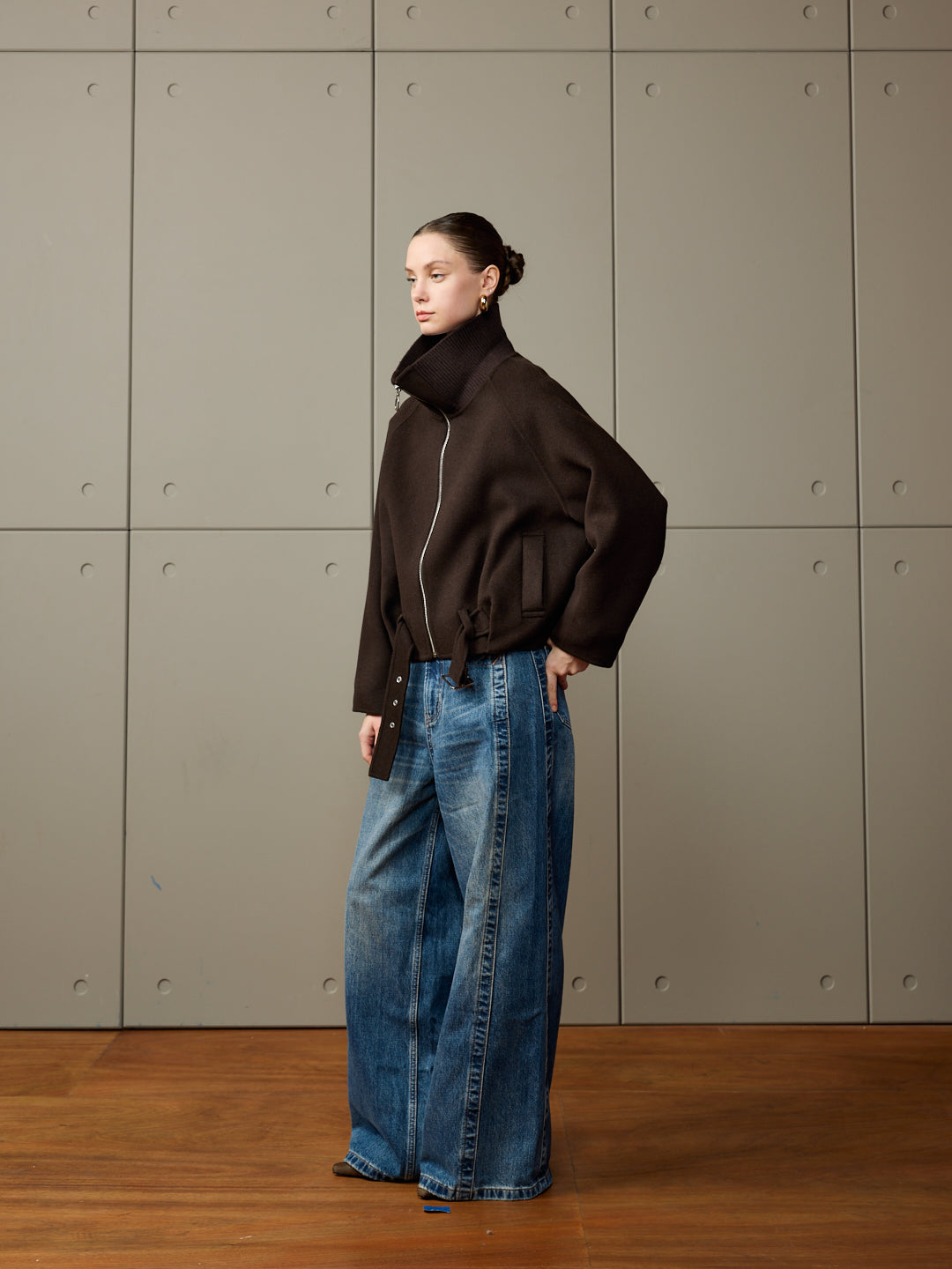 Zip-Up Jacket with Ribbed Collar and Asymmetric Belt