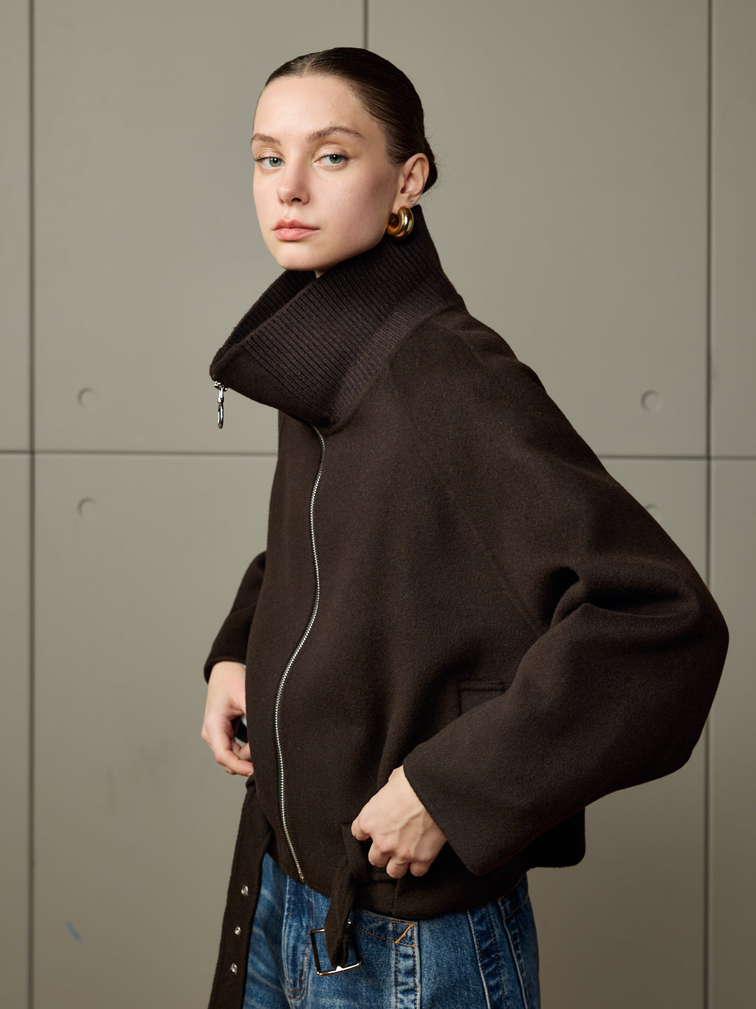 Zip-Up Jacket with Ribbed Collar and Asymmetric Belt