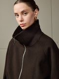 Zip-Up Jacket with Ribbed Collar and Asymmetric Belt