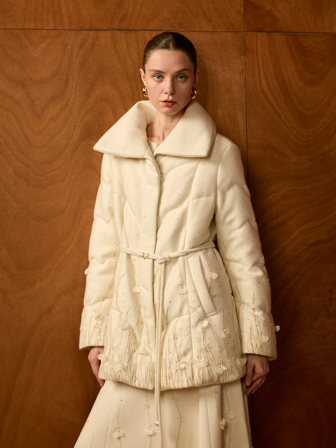 Cream Floral Down Coat & Midi Skirt Set