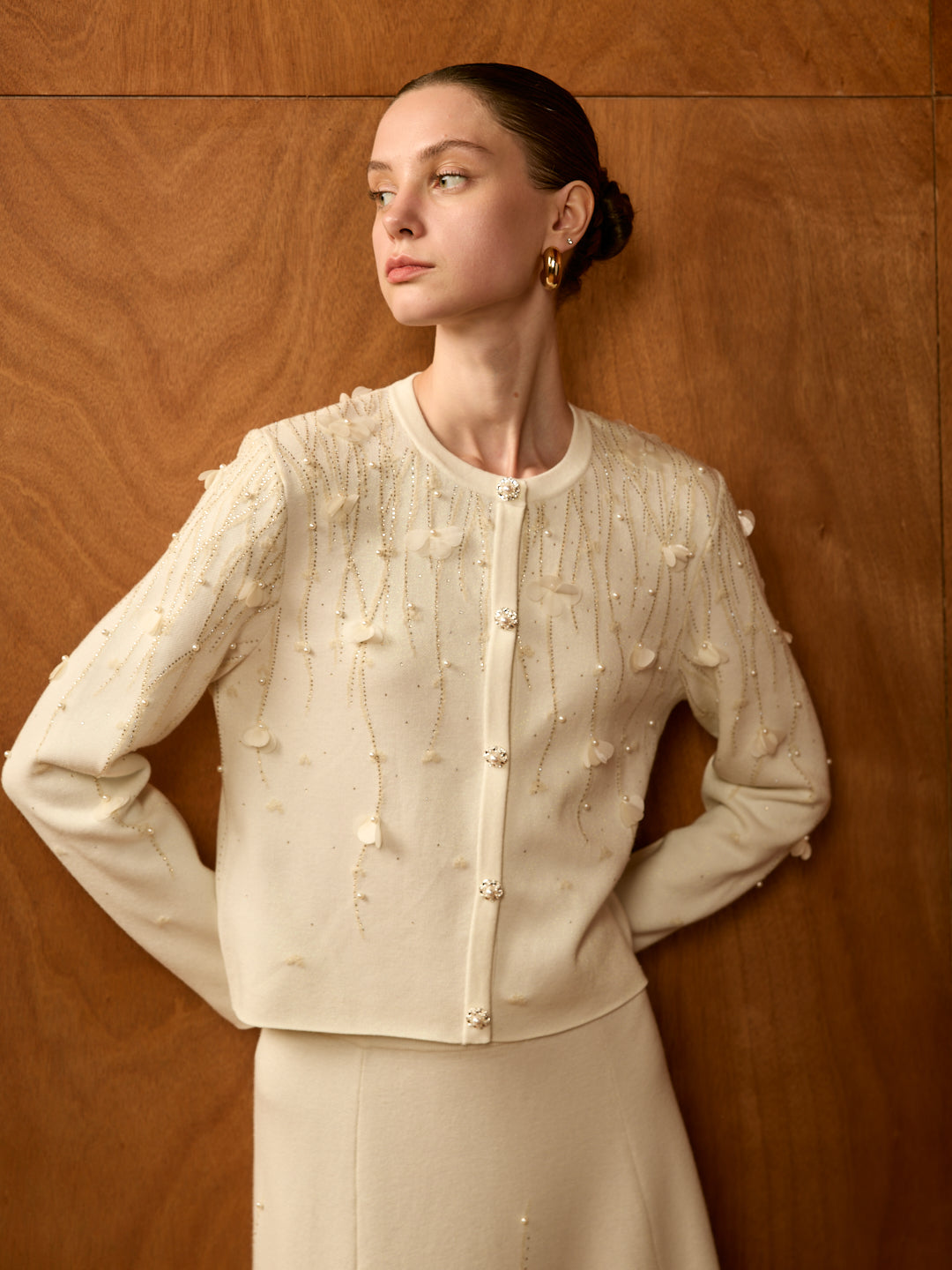 Cream Floral Co-ord Set (Cardigan + Midi Skirt)